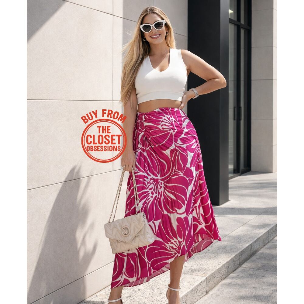 Mango Satin Floral Midi Skirt Resort Vacation NWT